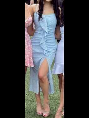 Light Blue Floral Ruffle Front Slit Midi Dress